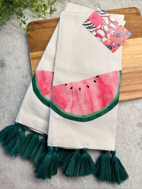 New Summer Watermelon w/ Green Tassels 100% Cotton Kitchen Hand Towels Set of 2